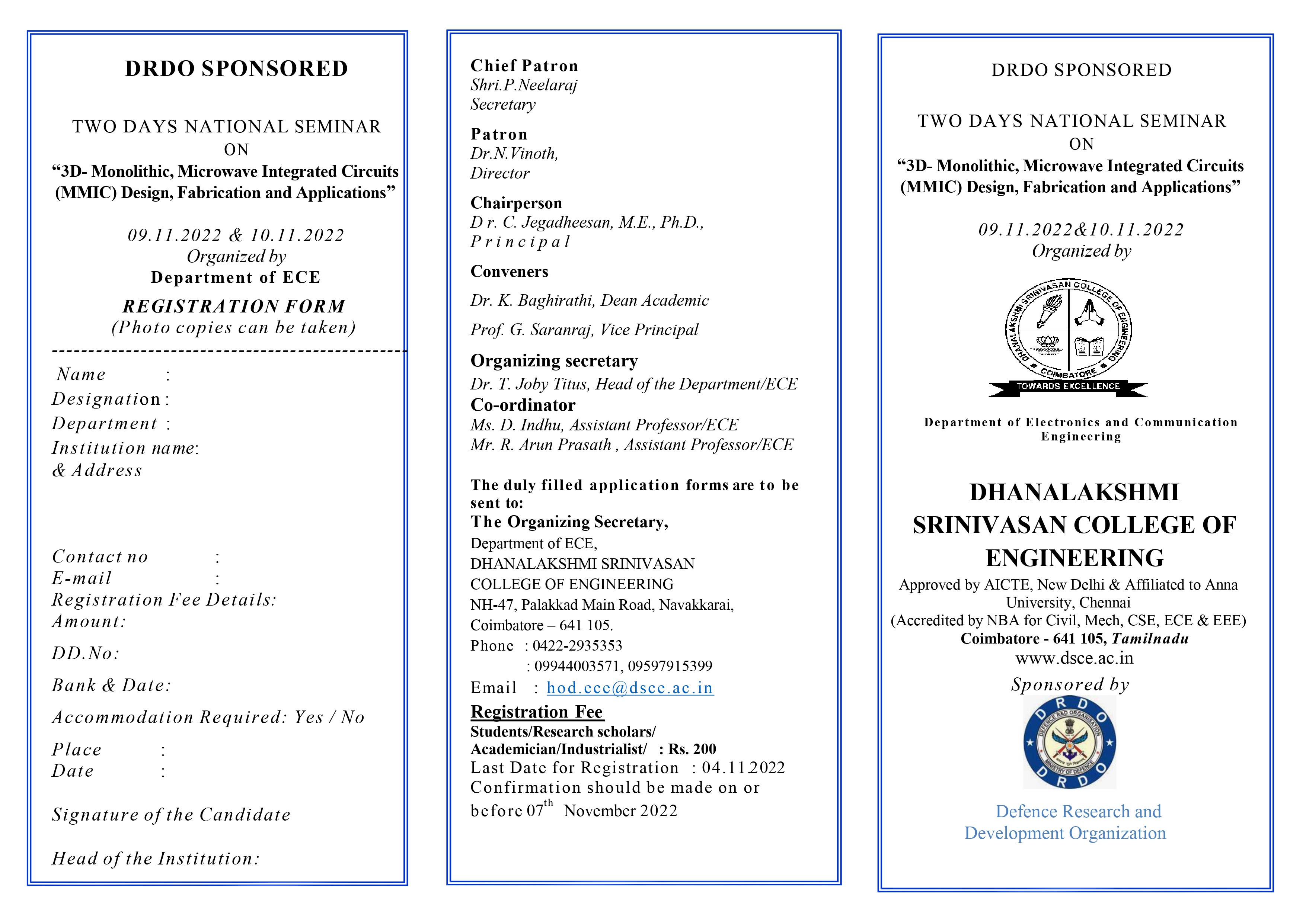 Two days National Seminar on 3D- Monolithic, Microwave Integrated Circuits (MMIC) Design, Fabrication and Applications 2022